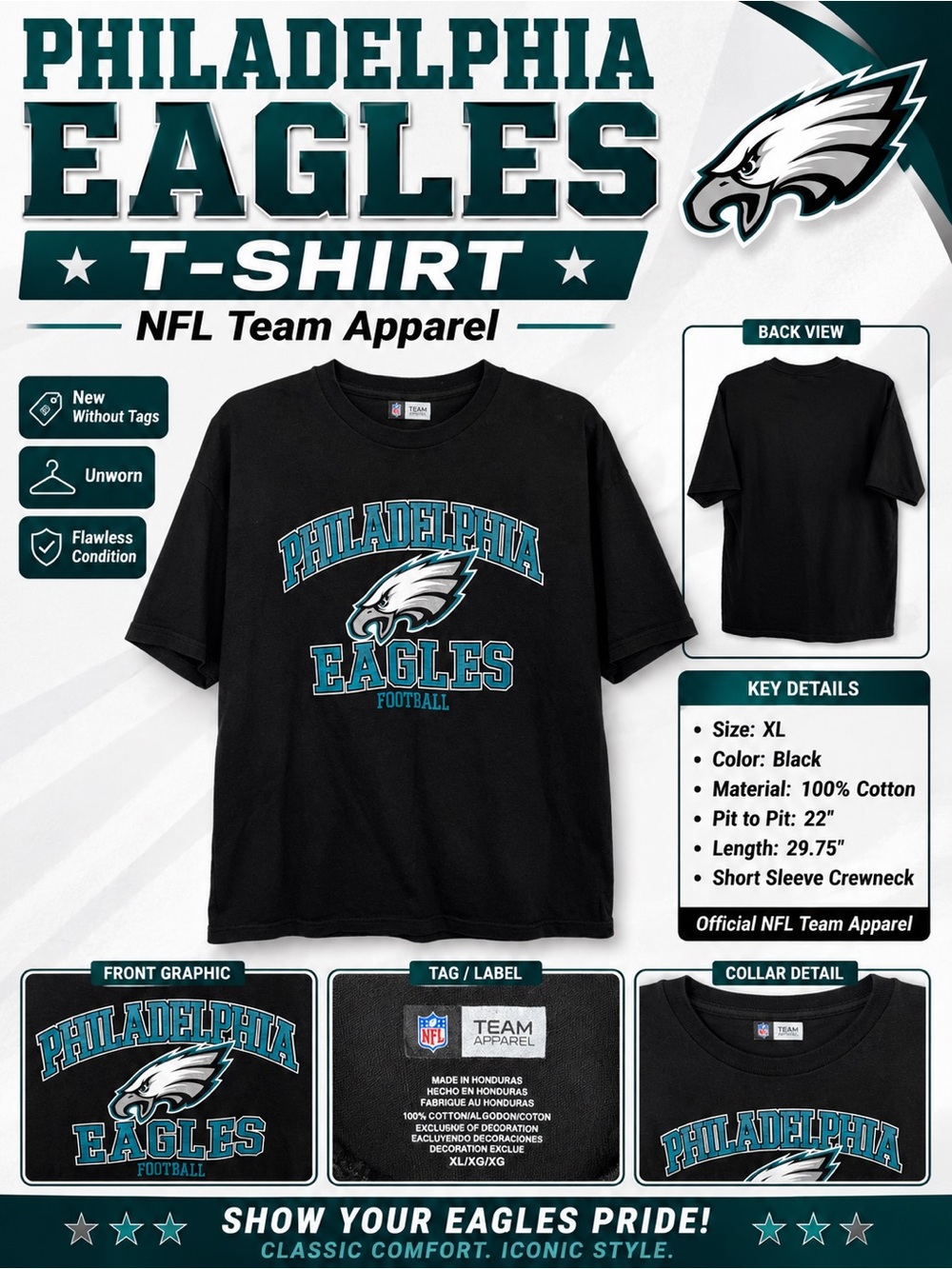 NFL Team Apparel Philadelphia Eagles Football Graphic T-Shirt XL Black Cotton - Picture 3 of 10